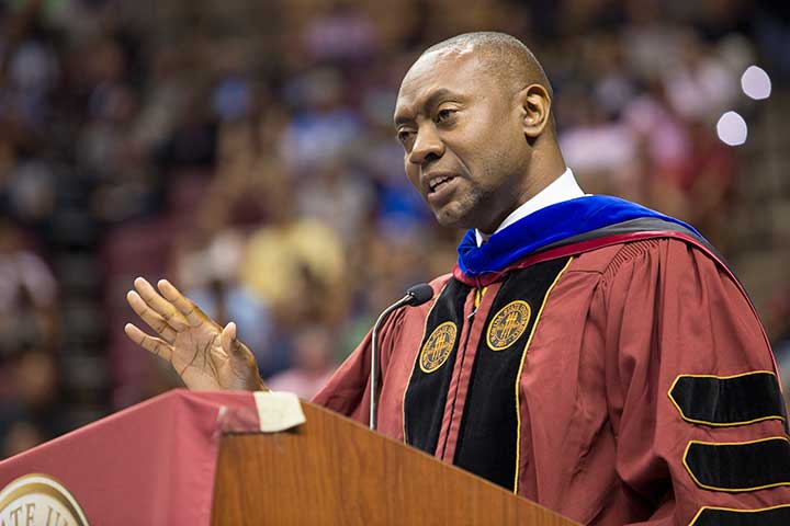 Dr. Marshall Shepherd speaking at FSU Commencement